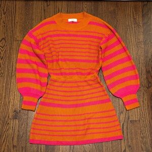 Lucca Crochet Striped Vibrant Pink and Orange Puff Sleeve Sweater Game Day Dress